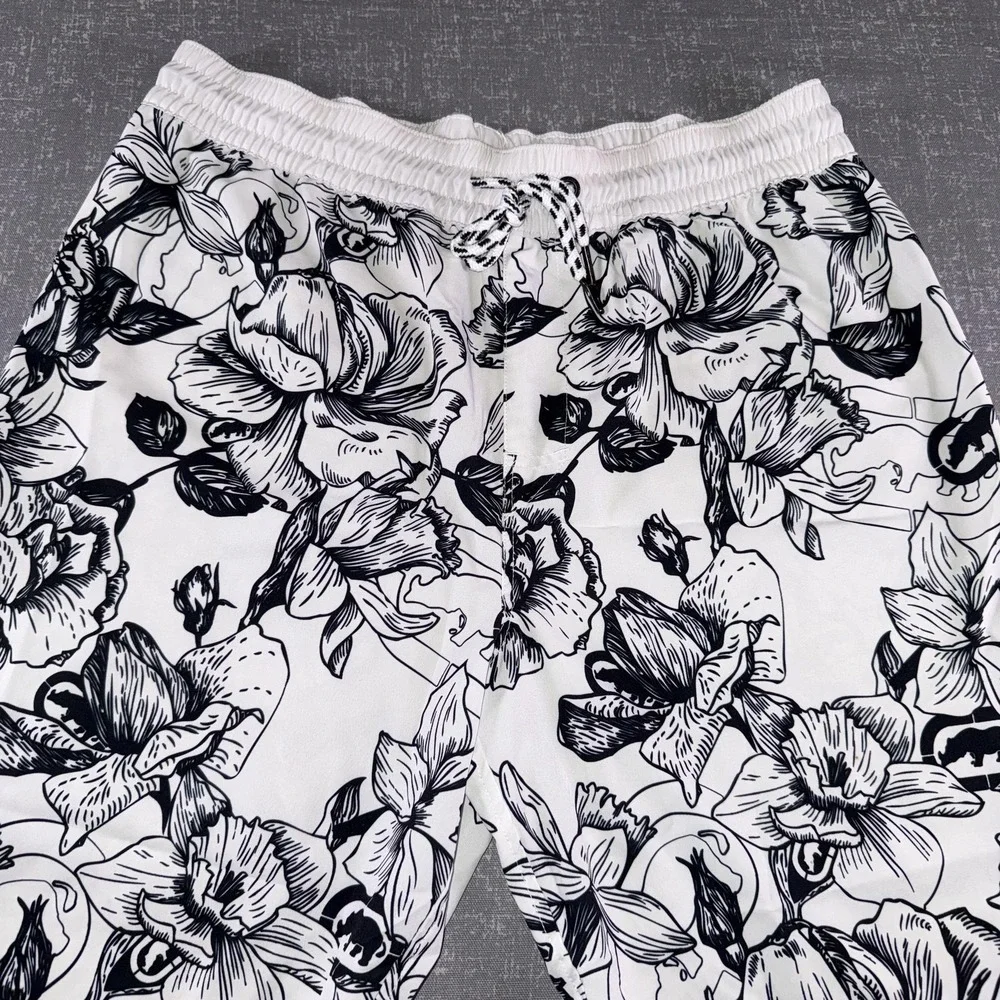 Ecko Unltd Shorts Mens Medium White Black Floral‎ Swim Trunks Quick Dry Beach